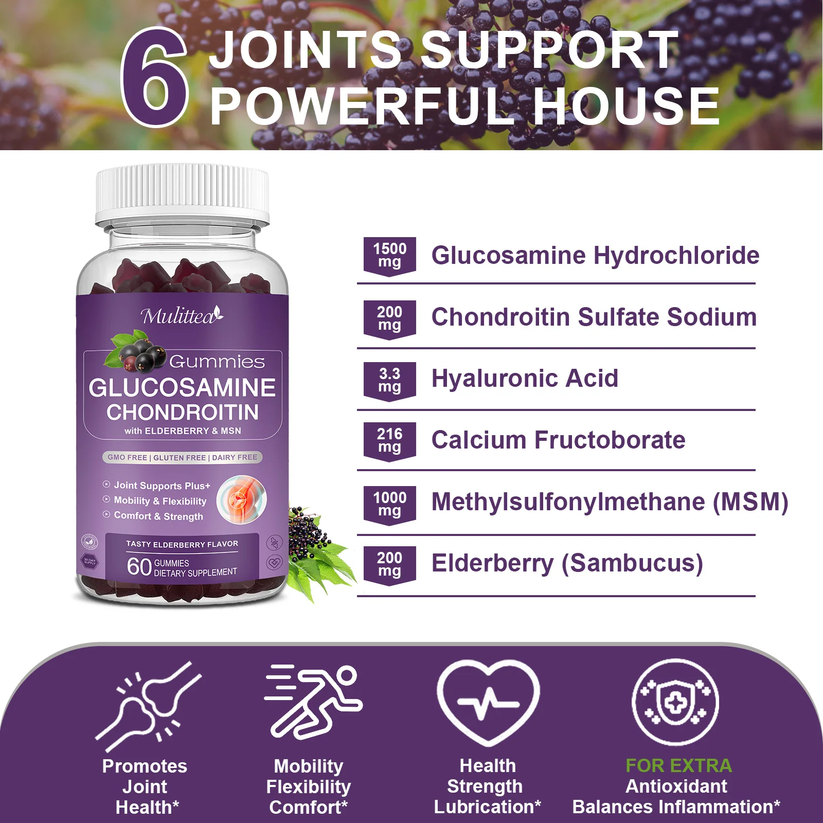 Mulittea Glucosamine 1500 mg Chondroitin gummies Relieve Joint Support Antioxidant Immune Support Supplement for Adults