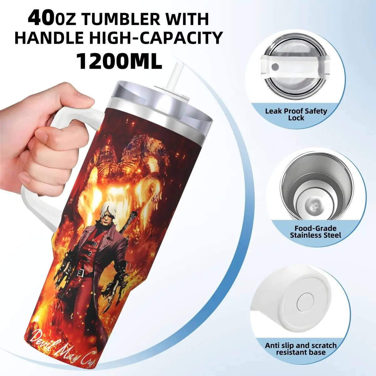 Devil May Cry 5 Dante Stainless Steel Tumbler Camping Mugs Cup 40oz Thermal Cups Insulated Cold and Hot Milk Tea Water Bottle