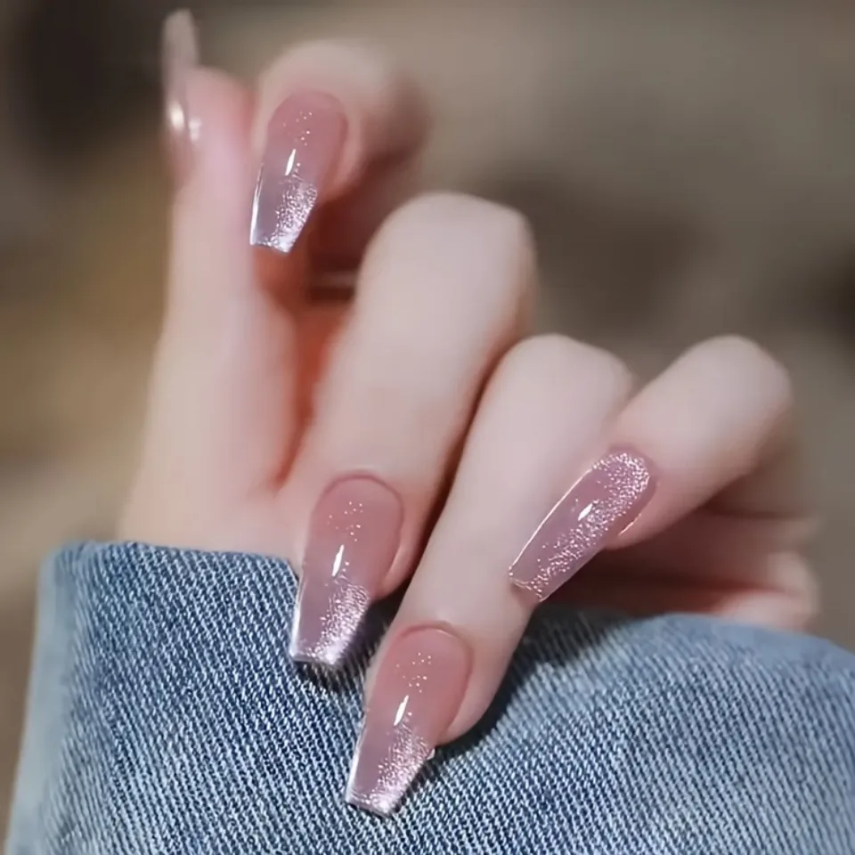 24 piezas de uñas postizas brillantes con efecto ojo de gato rosa glitter, forma de ballet larga, degradado brillante, con lima de uñas y pegamento de gel, reutilizables 4