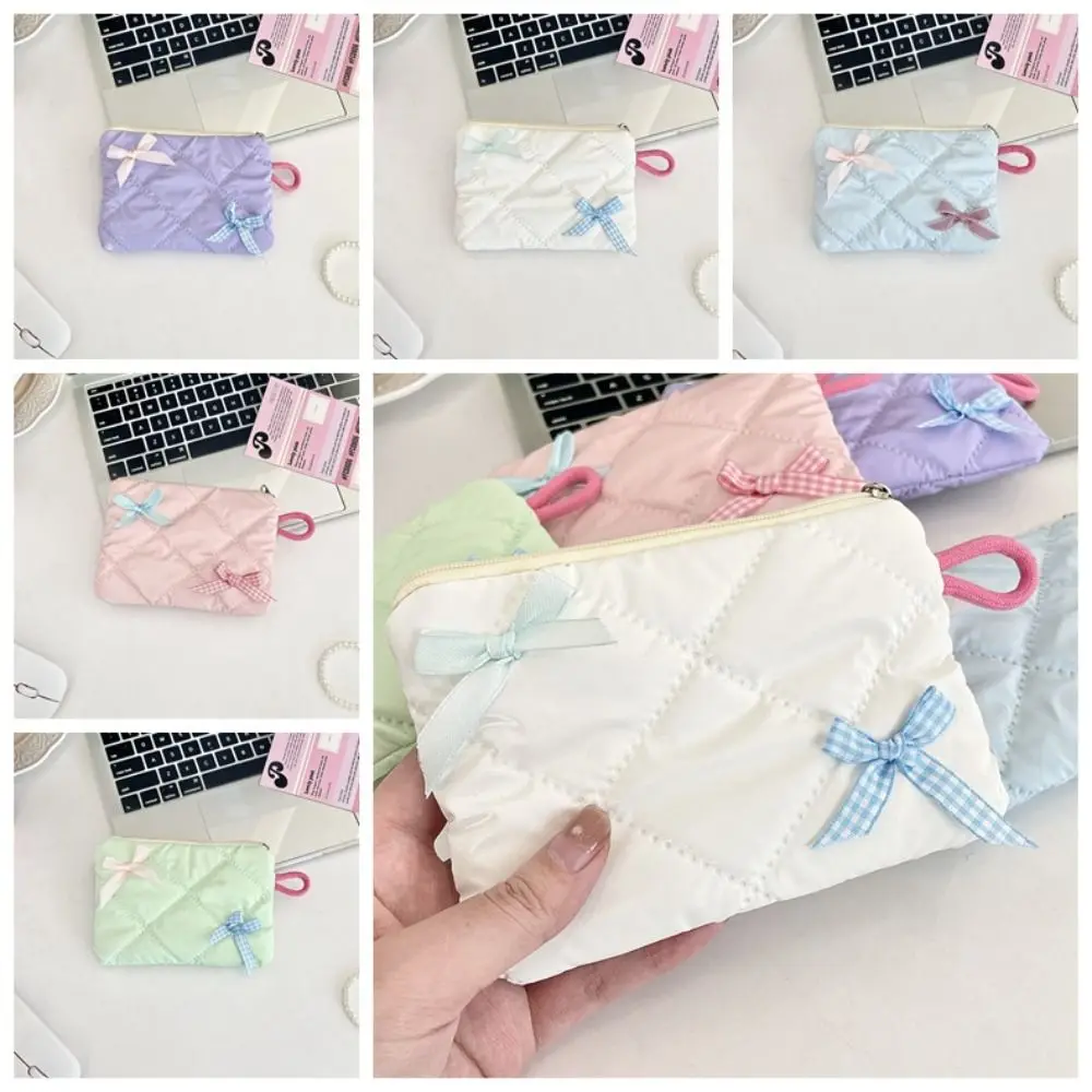 Mini sac de rangement monocouche pour tampons, ensemble de 2 pièces, tissu écossais cousu, nœud en coton, porte-monnaie pour bonbons, style coréen, pour poudres de maquillage