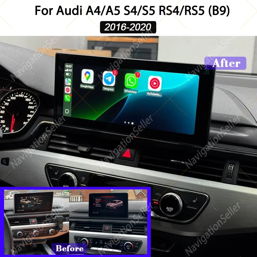 

Беспроводной Carplay для Audi A4 A5 S4 S5 RS4 RS5 B9 2017-2020, автомагнитола Android Auto с 10,25-дюймовым сенсорным экраном, мультимедийная стереосистема с навигацией