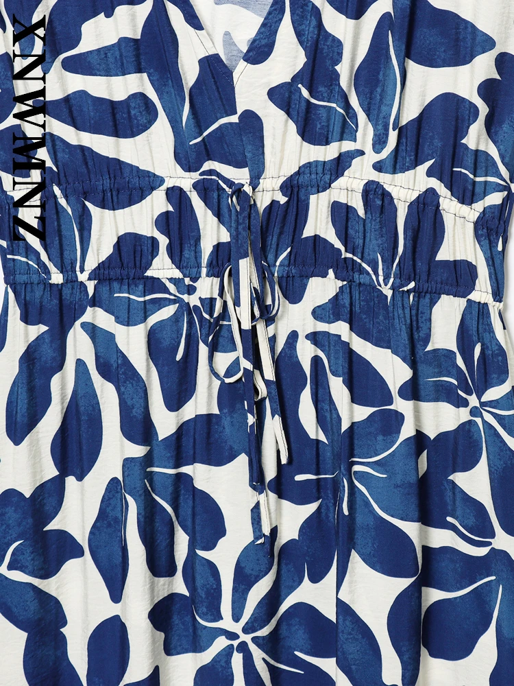 XNWMNZ 2025 Summer Women Clothing Holiday Chic V-Collar Sleeveless midi Dress boho Fashion Woman wrinkle Floral Dresses