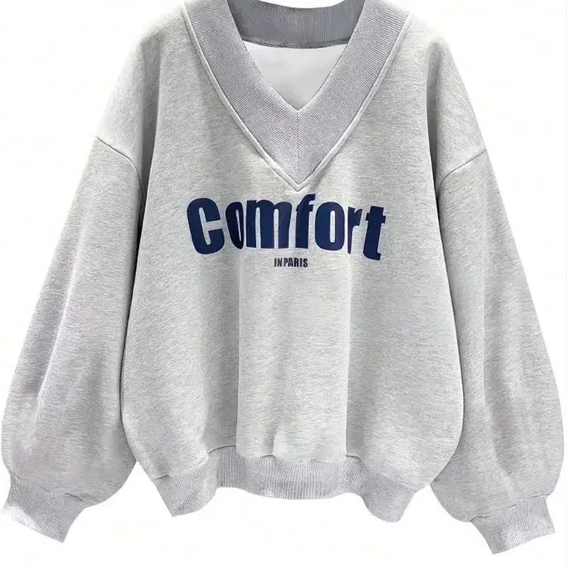 

New Grey Hoodie for Women's Fashion Casual Loose and Versatile V-neck Top