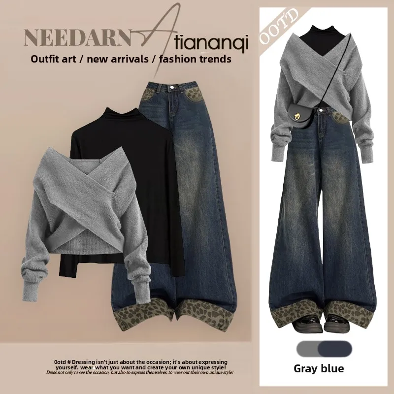 

Новый улучшенный комплект из трех предметов в корейском стиле: женский вязаный свитер, базовая рубашка и джинсы с эффектом похудения. Модный ретро-ансамбль.