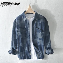 Japanese Style Long Sleeve Denim Shirt Men Streetwear Fashion Jean Top Jacquard Contrast Color Plaid Shirt Loose Casual Shirts