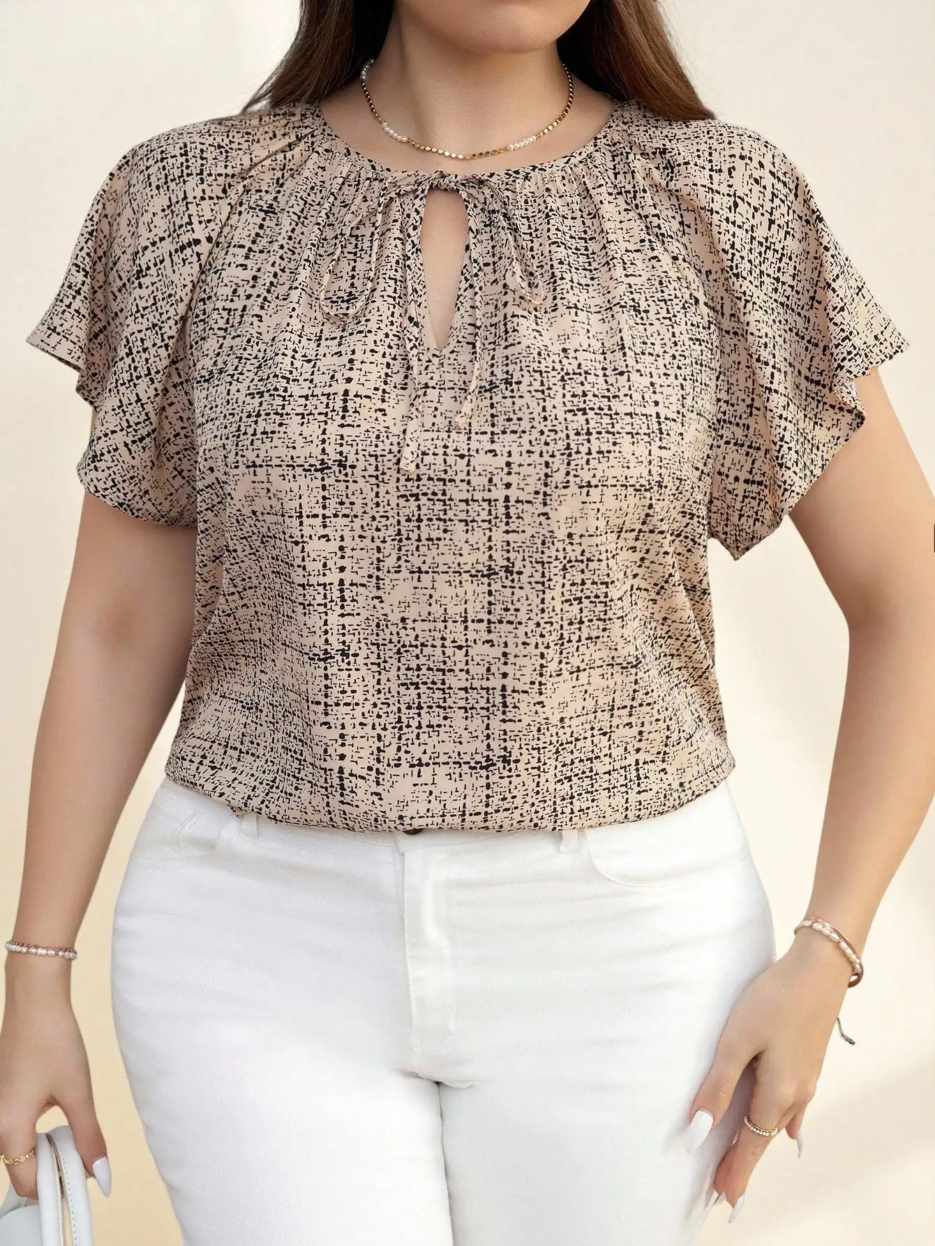

Women's Beige Abstract Print Ruffle Sleeve Tie-Neck Blouse, Loose Fit Casual Top for Spring Summer