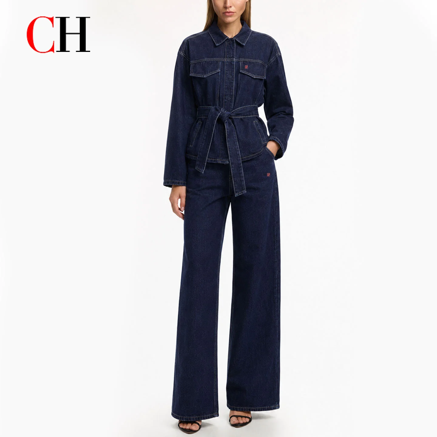CH Women's Denim Two-piece Long-sleeved Jacket With Belt Wide-leg Jeans Casual Street Style Suit Women's Autumn Winter Style