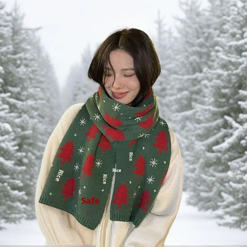 

Универсальный красный вязаный шарф с дизайном рождественской елки, идеальный женский подарок на Рождество, осенне-зимняя защита шеи, зеленый шарф
