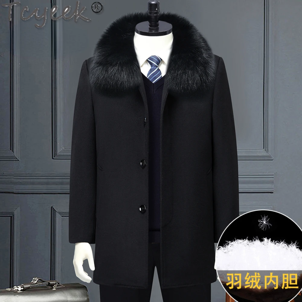 

Business Tcyeek Casual 85% Cashmere Male Coat Warm Fox Fur Collar Fashion Thickened Woolen Coats Winter Down Jacket Men Clothes