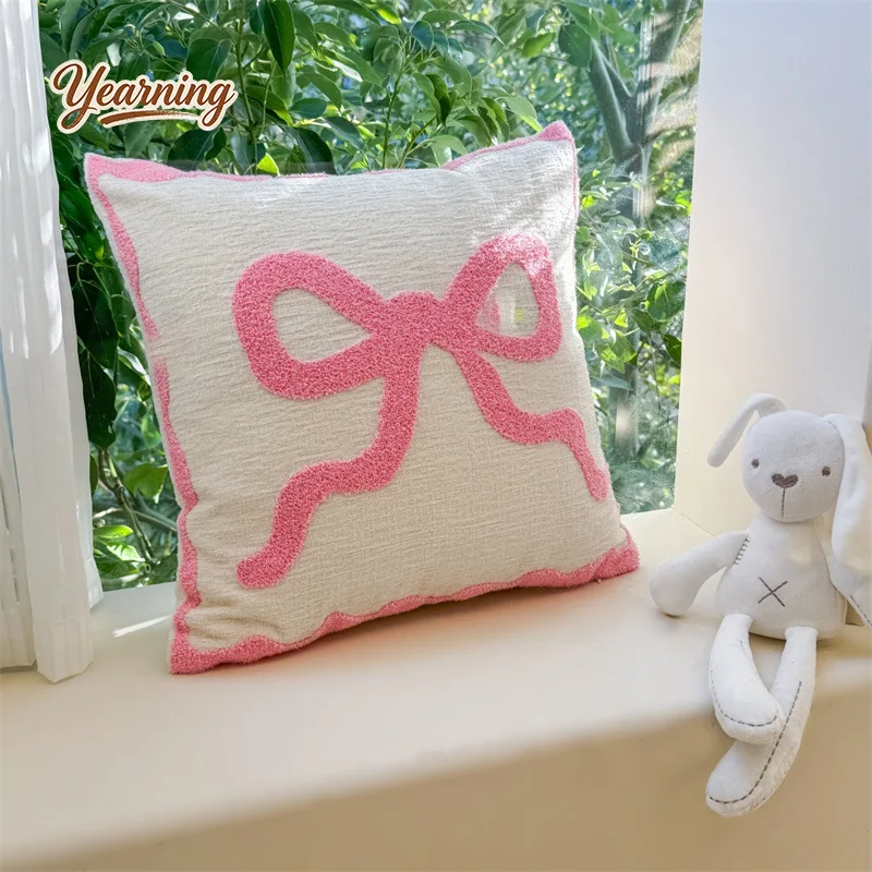 Immagine 5: Cuscino a Forma di Cuore con Fiocco Rosa per San Valentino, Piccolo Cuscino a Forma di Coniglio per Divano, Cuscino per Ragazze Adolescenti
