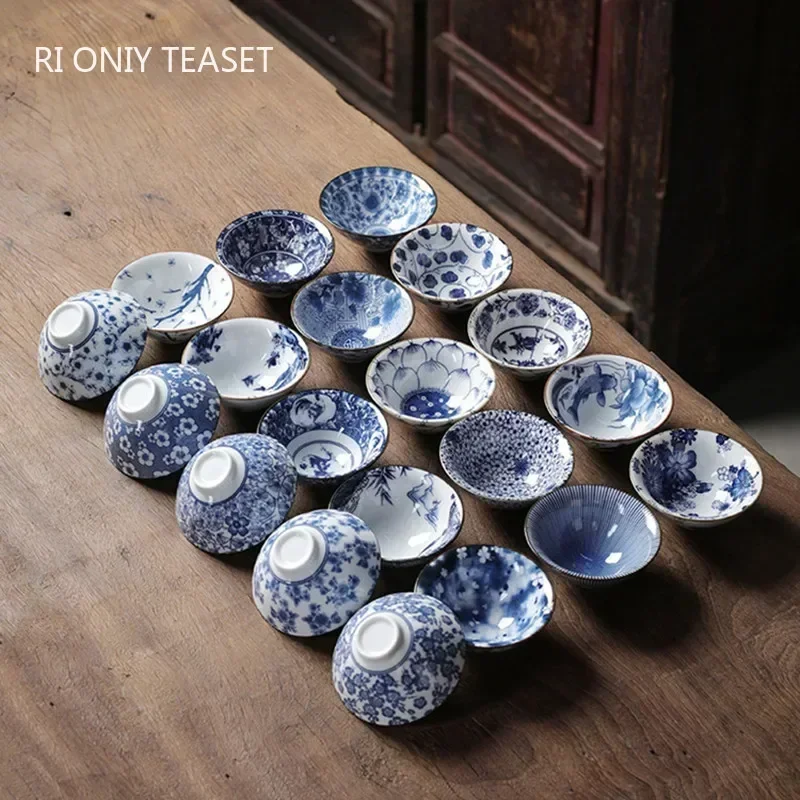 1 PCS Retro niebiesko-biała porcelanowa filiżanka stożkowa zapobiegająca skalowaniu Ręcznie malowana ceramiczna miska na herbatę Podróżne kubki do medytacji Zestaw do herbaty