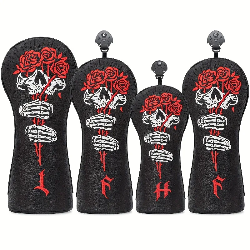 Golf head cover with rose and skull pattern design, golf club accessories, dust-proof and durable, protecting the ball head