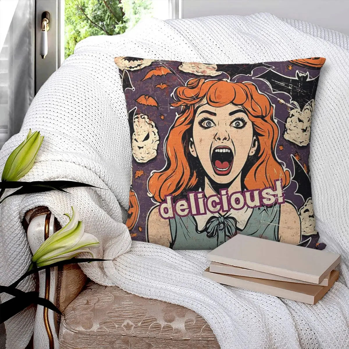 

Rice Balls Is Delicious! Halloween Girl Version Square Pillowcase Pillow Cover Cushion Decor Throw Pillow for Home Living Room