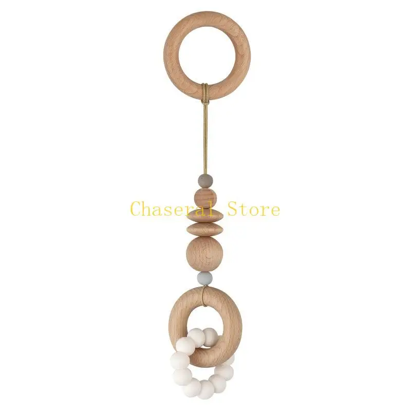 

E7CE Baby Gym Frame Pendants Wooden Ring Silicone Beads Teether Stroller Rattle Infants Newborn Teething Nursing Molar