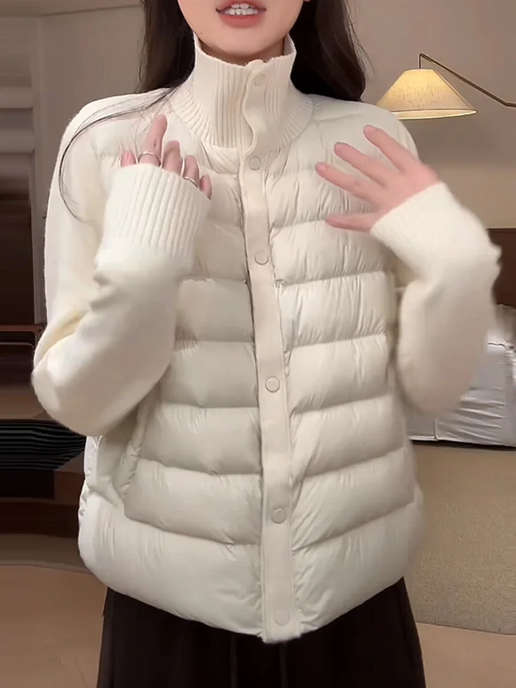 

Новая зимняя женская куртка из хлопка с длинными рукавами, вязаными вставками и воротником-стойкой, маленький размер, модная, универсальная