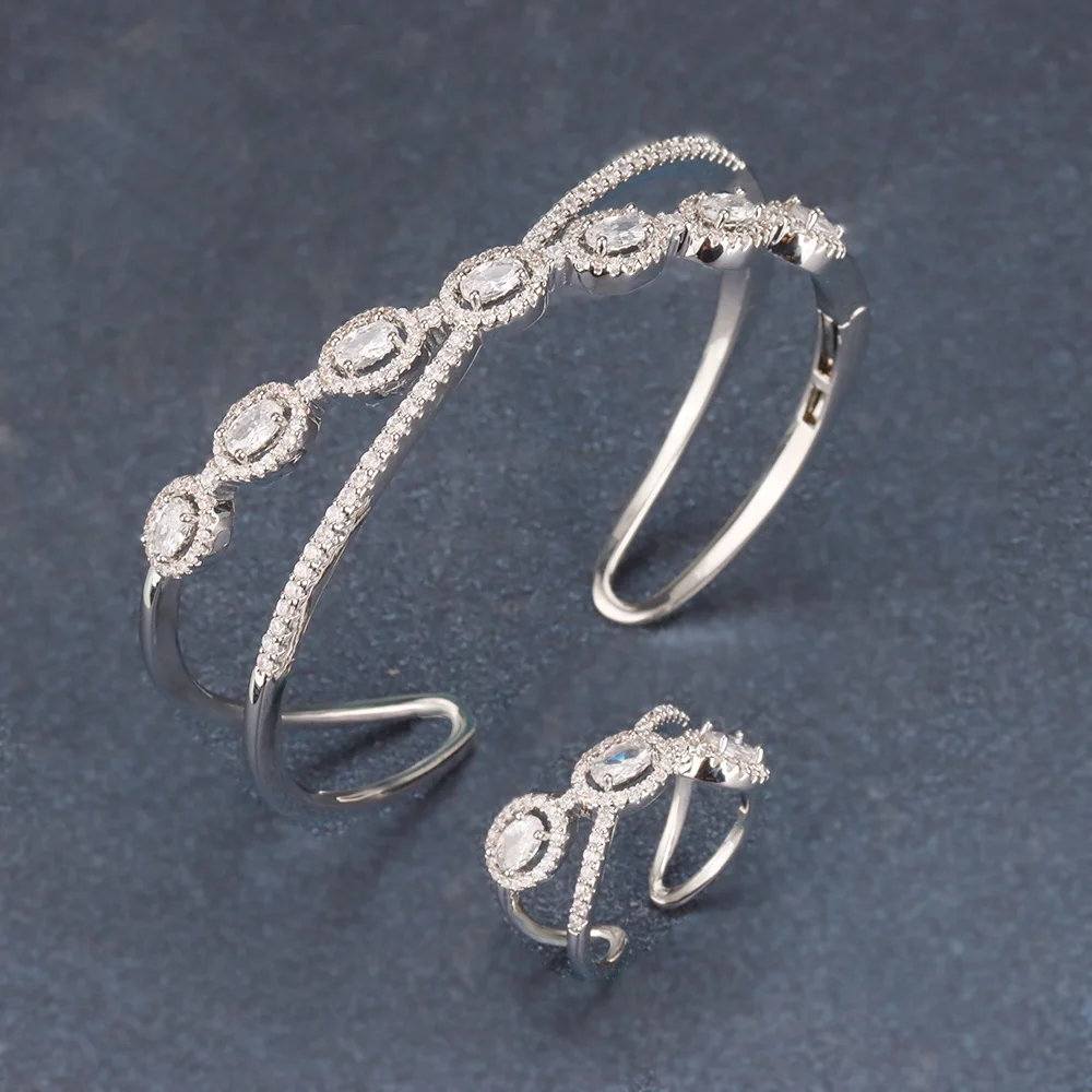 

Luxury Dubai Cross Over Design Cubic Zirconia Bangle Ring Jewelry Set Wedding Party High Quality Bride Jewelry