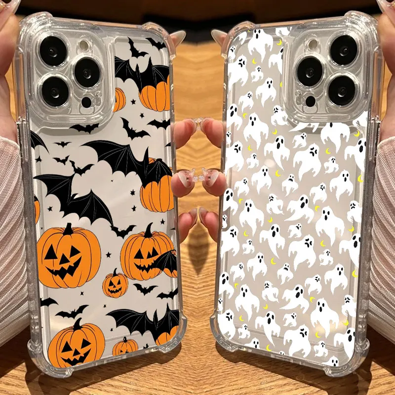 

Phone Case Clear For iPhone 17 16 14 15 11 12 13 Pro Max 16E 15 16 Plus 17Air Shockproof Cover Happy Halloween Pumpkin Bat Ghost