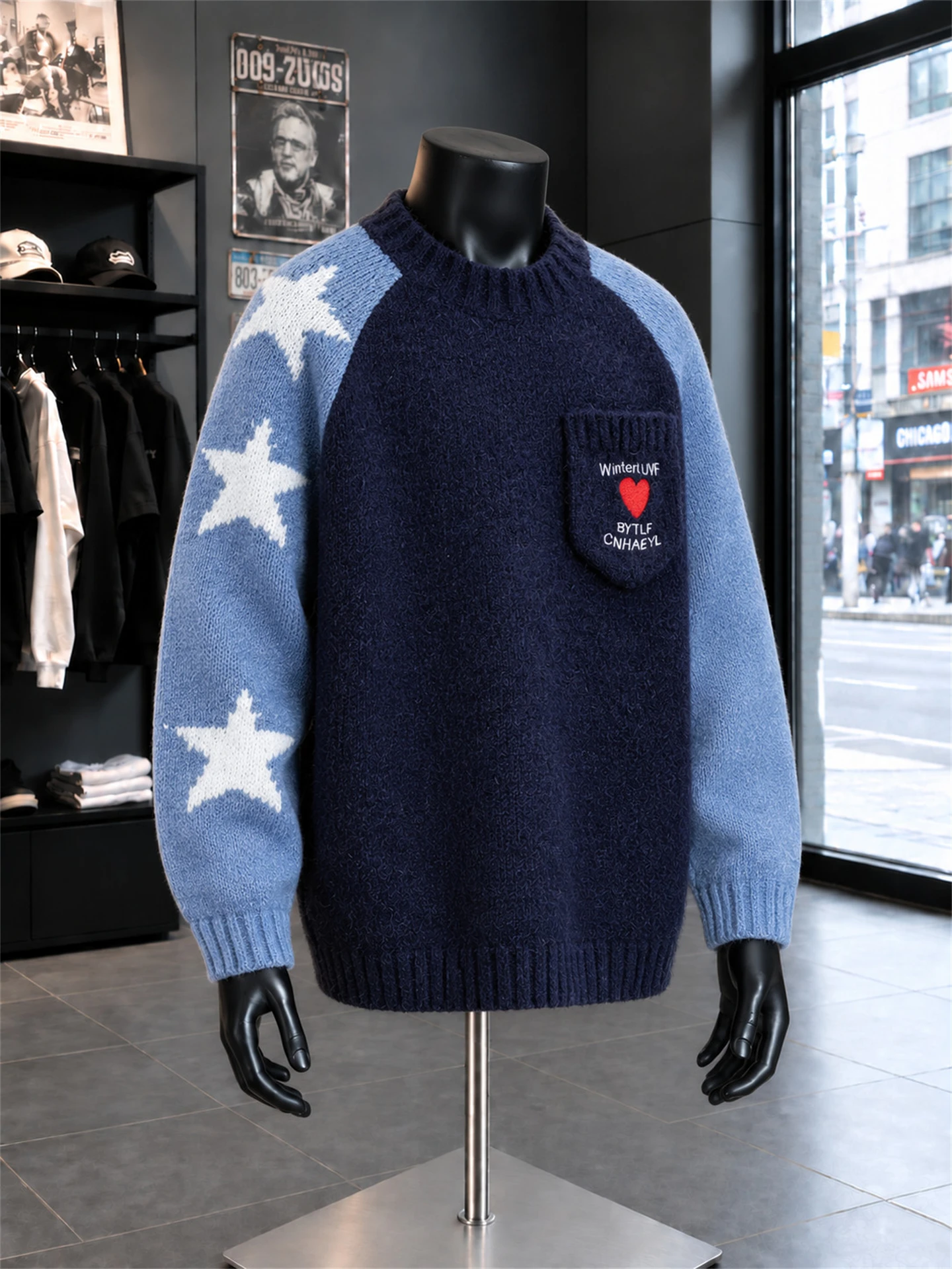 Blue Lazy Vintage Men's Knitted Sweater Loose Shoulder Sleeve round Neck Autumn Winter American Style Color Block Design Casu...