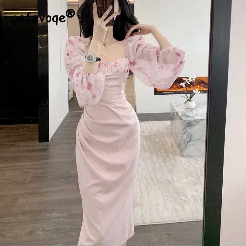 2023 New Women's Fashion High Grade Pink Sweet Age Reducing Temperament Waist Wrapping Dress Wrapped Hip Dress