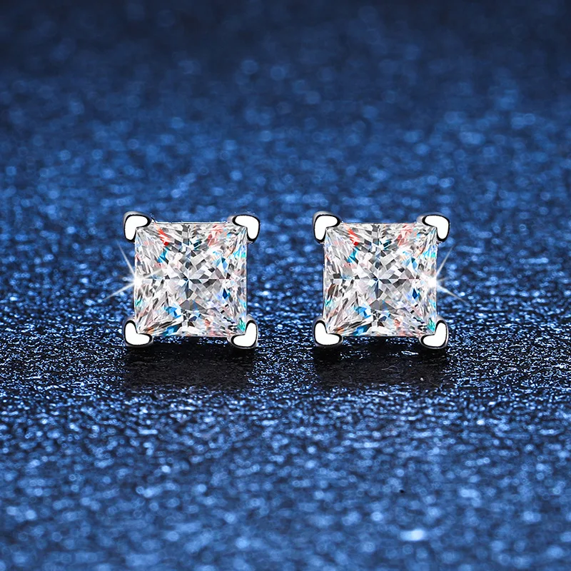 Real 1 CT D Color Moissanite Stud Earrings For Women 925 Sterling Silver Sparkling Princess Cut Diamond Earring Wedding Jewelry