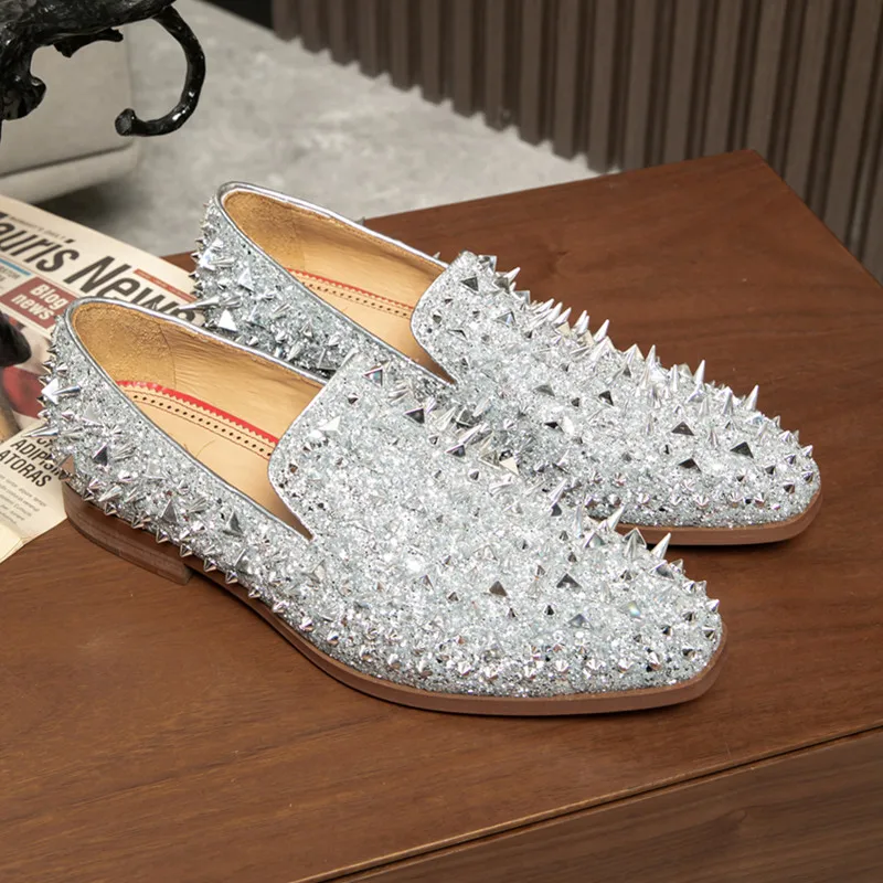 Bling Trouwschoenen Voor Heren Klinknagels Decor Heren Schoenen Strass Loafers Luxe Zilveren Kleur Merk Design Casual Formele Schoenen