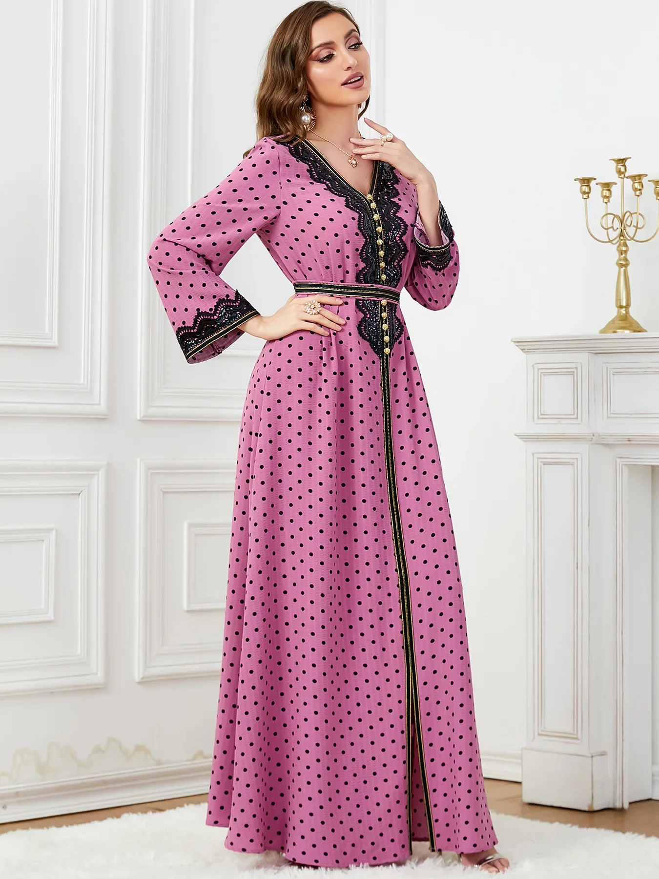 Eid Muslim Party Dress for Women Polka Dot Ramadan Abaya Belt Morocco Kaftan Vestidos Largos Dubai Turkey Robe Jalabiya 2024