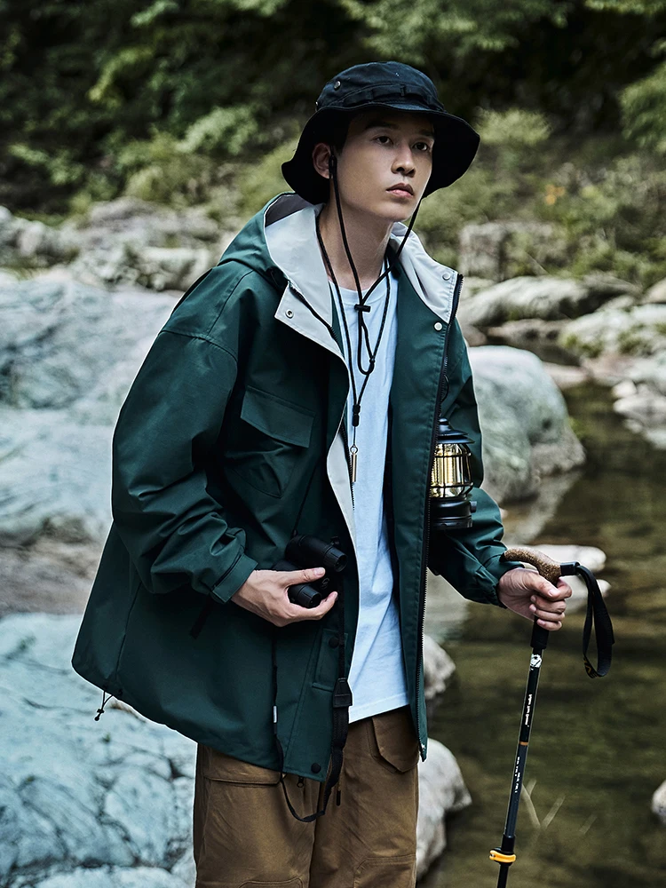 

Retro Japanese Sle Outdoor Hooded Jaet Men's Oversize Loose Workwear Coat Waterproof Faion Urban Sle Travel Suitable