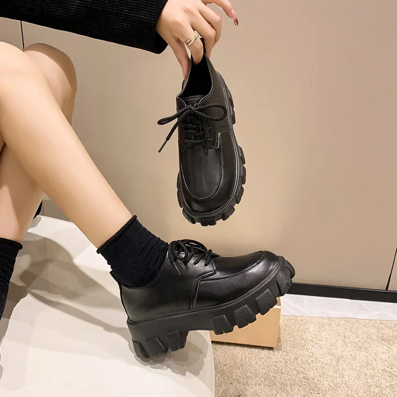 2025 Female Shoes Women Fashion Mary Janes Round Toe Flats Loafers Oxfords Platform Casual Metal Chain Buckle Ladies Heels Black image 3