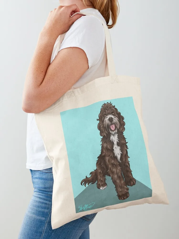 

Sproodle Cute Dog Art Turquoise Background Tote Bag Reusable bags bags luxury women Handbags shopper bags