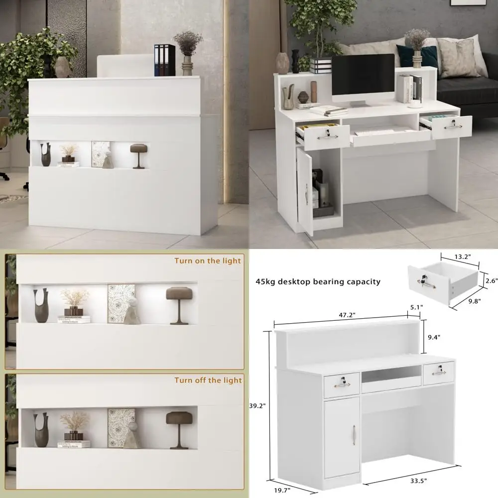 Lighted Display Shelf Retail Counter with Lockable Drawers for Salon Reception Desk Area