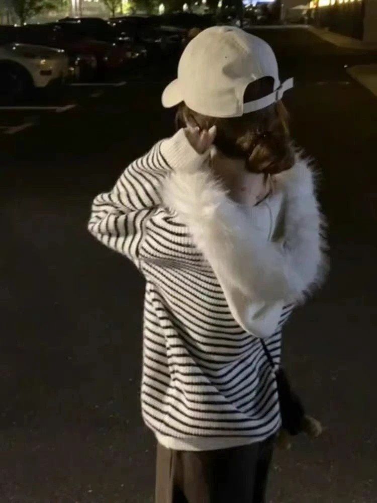 2025 الكورية نمط مخطط سترة متماسكة المرأة الشارع الشهير فضفاض الصوف طوق سترة تصميم الخريف الشتاء موضة معطف مقنع