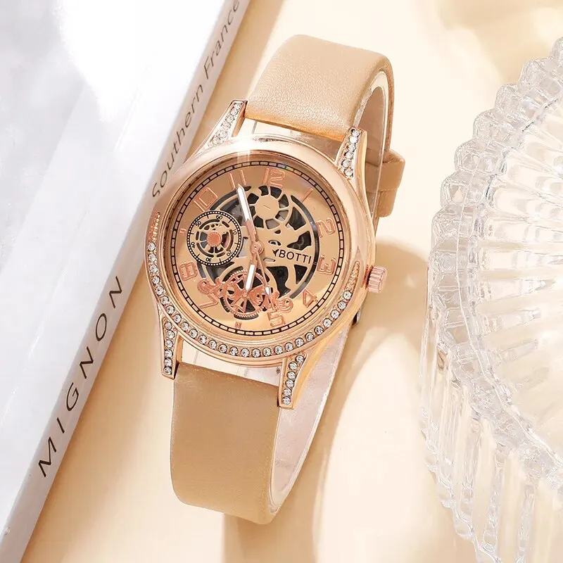 Women\'s Fashion Watch Casual Khaki Leather Belt Watches Ladies Rhinestone Quartz Wristwatches Bracelet Set Clock Montre Femme