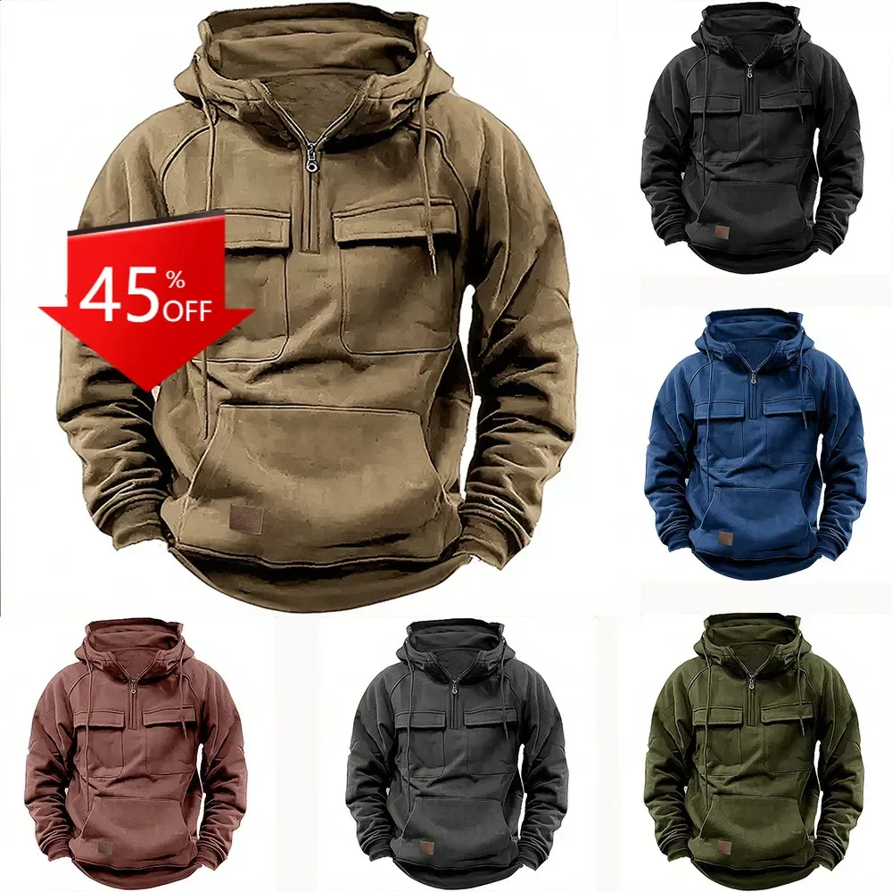 Men's Hooded Solid Color Sweatshirt Youth Sports Multi-Pocket Leather Sweatshirt Jacket tracksuit men  streetwear men