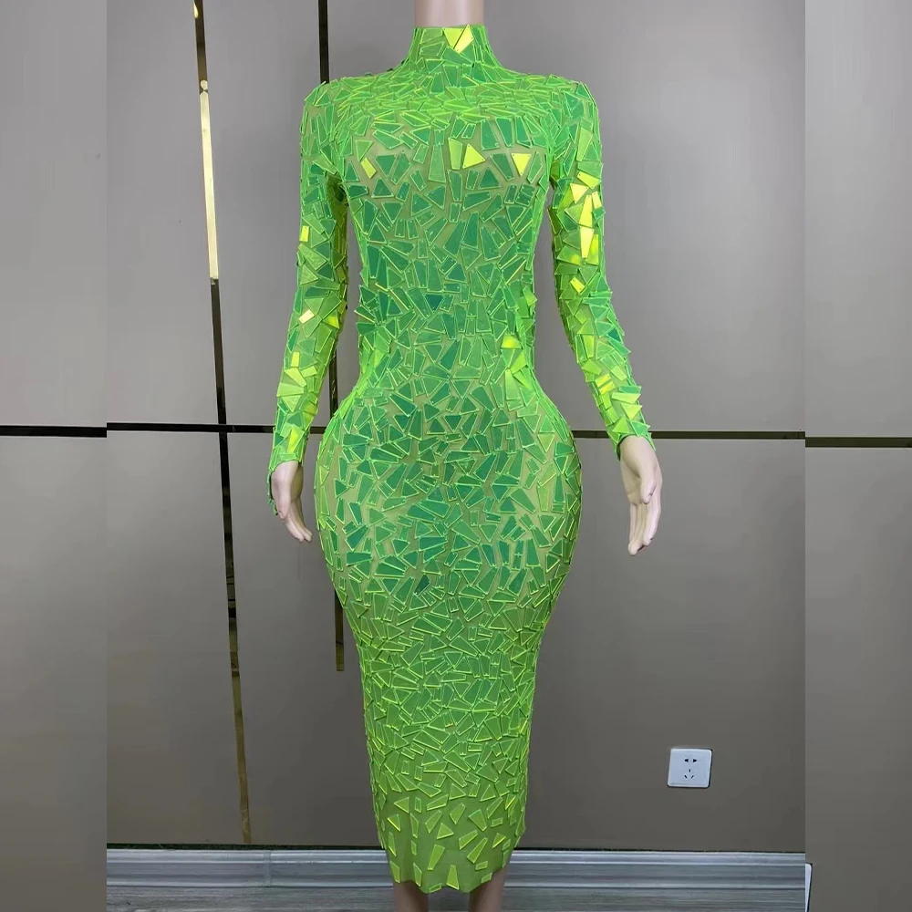 Sexy Designed Neon Green Mirrors Transparent Mesh Dress Evening Birthday Celebrate Costume Performance Dance Photo Shoot Dress