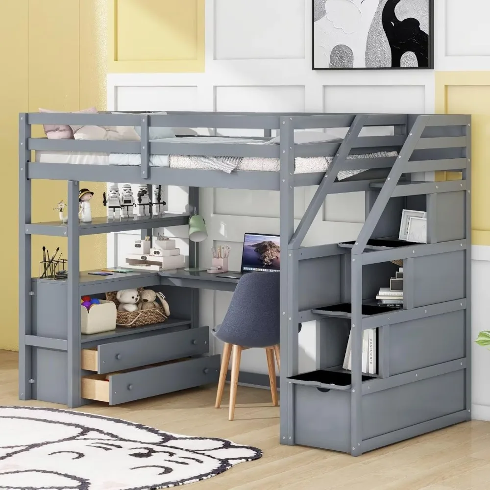 Twin Wooded Loft Bed with L-Shaped Desk, 3 Storage Shelves,2 Drawers and 3 Storage Stairs,Space-Saving,No Box Spring Needed,Grey