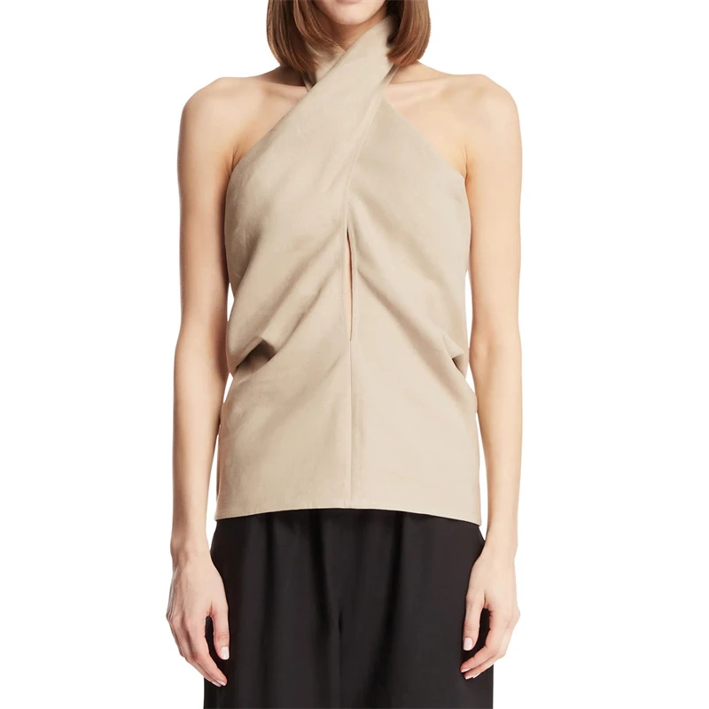 High-quality summer new linen blend cross-neck vest for women, fashionable and sexy hollow-out banquet strapless evening dress