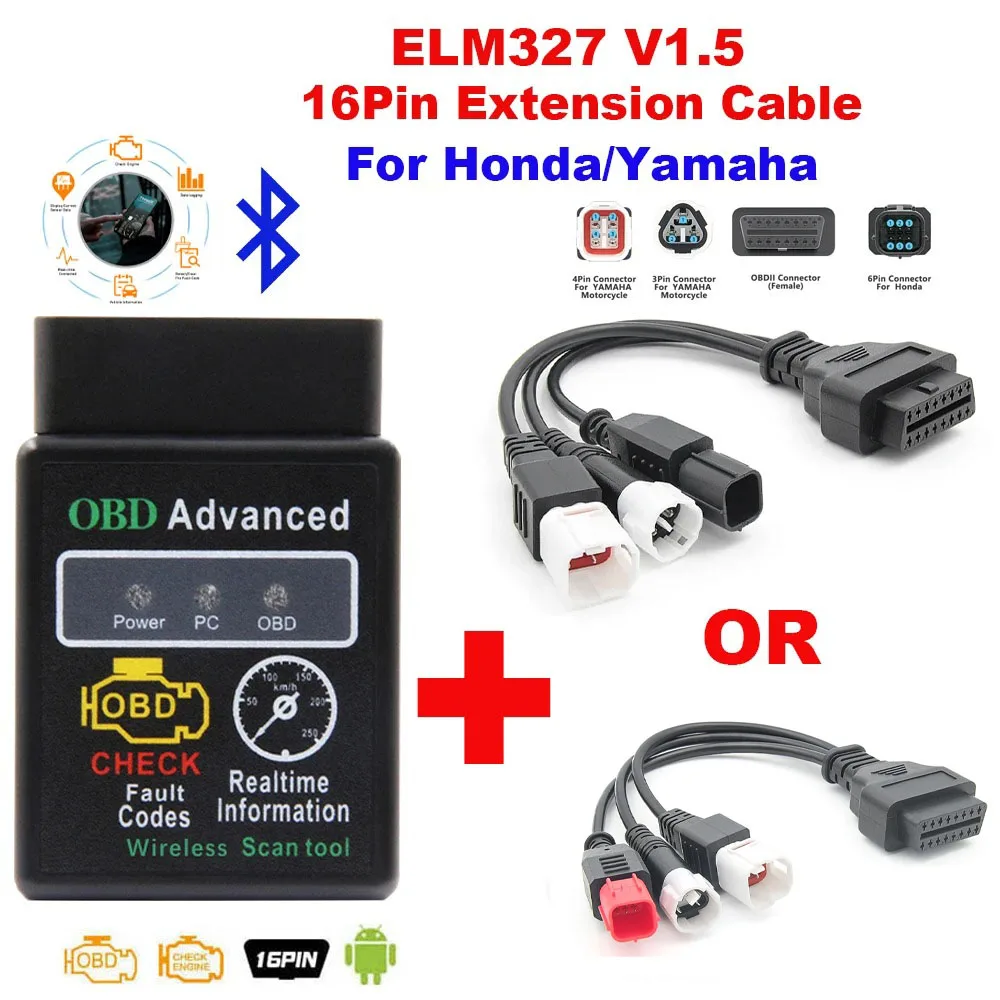 ELM327 V1.5 Bluetooth for Yamaha Y15 for Honda EFI Motorcycle Motorbike 3+4+6pin To 16pin OBD ELM 327 Fault Code Diagnosis