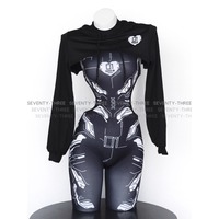 Punk Cyber Shadow Agent Black Hooded Top Tight Bodysuit Mechanical Mech Warrior Uniform Outfits Cosplay Costume