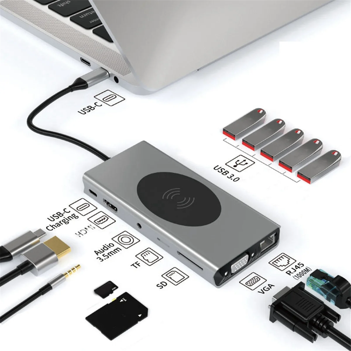 Adaptador de estación de acoplamiento tipo C 13 en 1, cargador inalámbrico de 15W, usb3.0 Hub, expansor PD100W, tarjeta de red RJ45 Gigabit