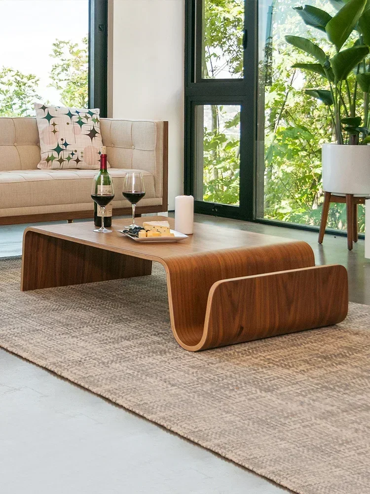 Living Room Simple Japanese N-shaped Curved Wood Tatami Solid Wood Coffee Table, Storage Large N-shaped Sofa  Side Table