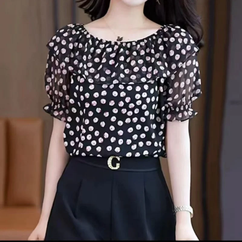 Fashion Versatile One Shoulder Korean Fashion Chiffon Shirt Women Summer New Korean Print Casual Polka Dot Short Sleeve Blouse