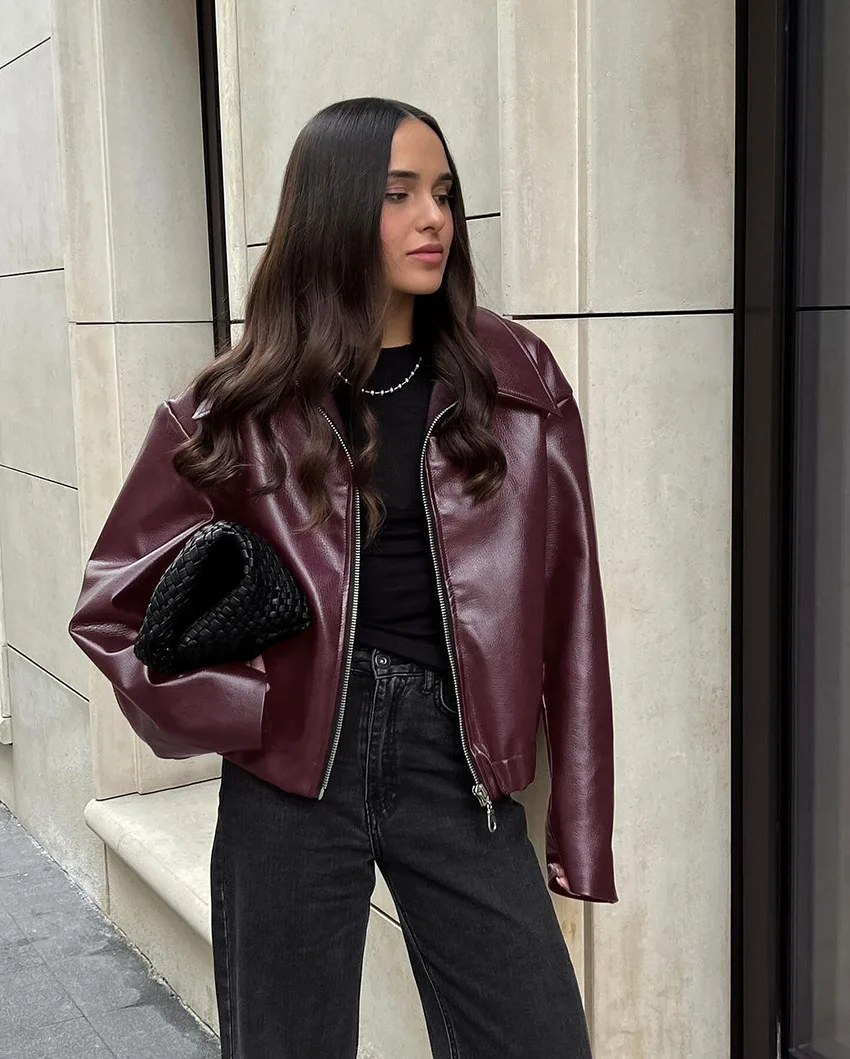 Vintage Motorcycle Style Wine Red Leather Jacket Women\'s Autumn Handsome Matte Streetwear Leather Jacket Jacket Women\'s Clothing