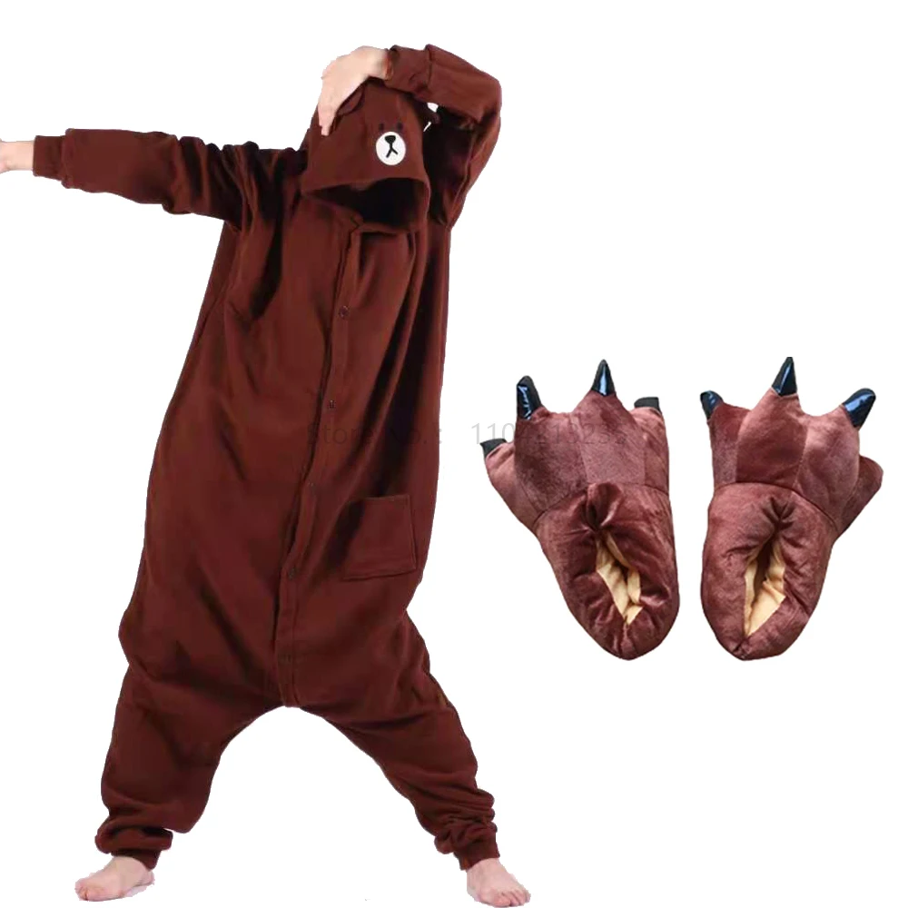 Brown Bear Onesie Women Men Animal Kigurumis  Pajama Cartoon Animal Slippers Festival Homewear Suit Overalls Polar Fleece