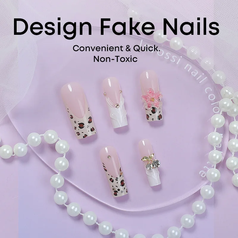 24pcs Korean Pink Fake Nail Tips Pink Long Coffin Leopard Print Press On Nails 3D Flowers Water Ripple Desogns False Nails