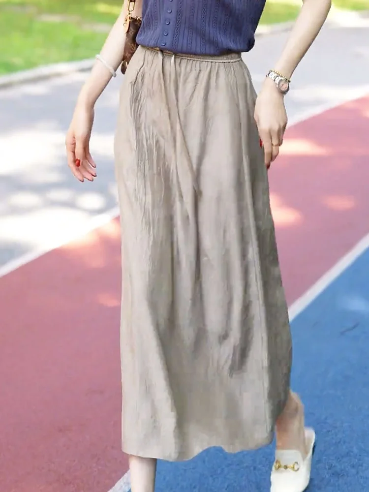 

Льняная юбка миди цвета хаки с эластичной талией, лето 2024, простая в сочетании, с высокой талией, длинная, струящаяся, удобная, повседневная