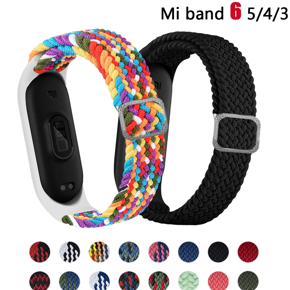 Ajustável Elástico Nylon Trançado Pulseira, Pulseira para Mi Band 6, Miband 4, Miband 5, 4, 3, 5, 7 Strap