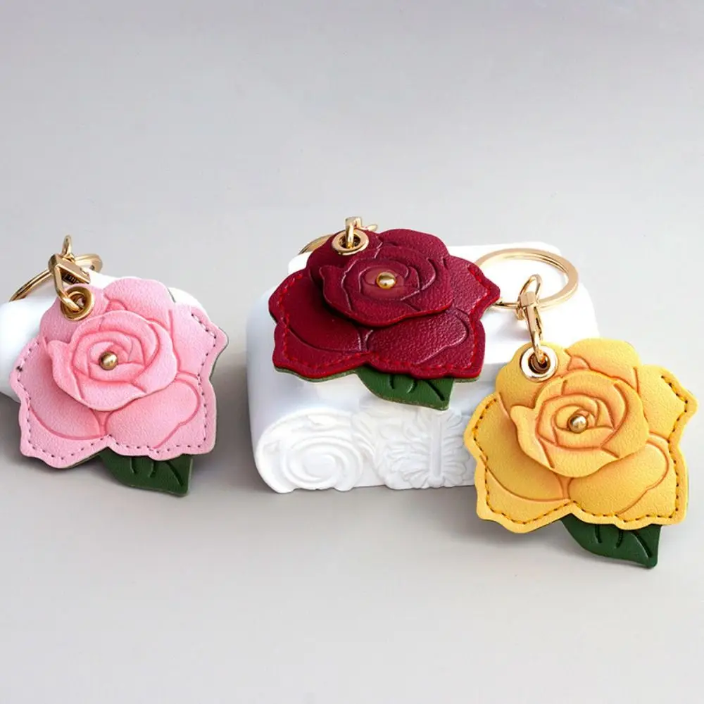 PU Leather Rose Flower Bag Keychain 3D Rose Portable Access Card Protective Case Metal Key Ring Multipurpose