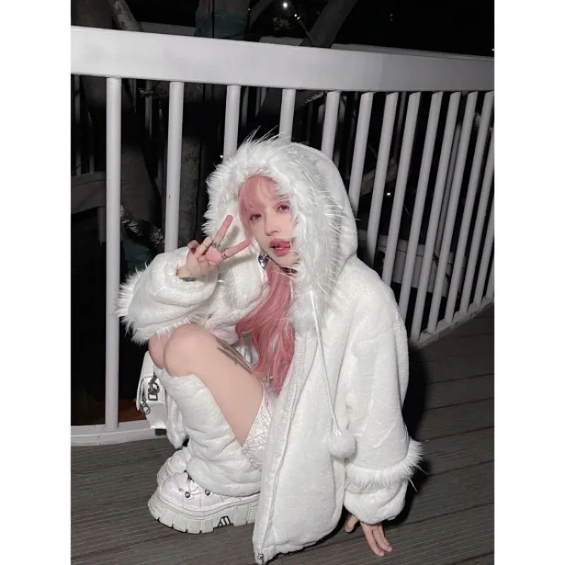 Elegant White Fur Hoodie Coat Women Autumn Winter New Jacket Y2k Long Sleeve Zipper Sweatshirts Thicked Warm Leg Warmer