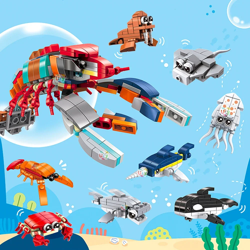 Moc 12in1 Ocean Marine Fish Animals Lobster Killer Whale Seal Ray Hermit Crab Model Set Building Blocks Diy Toys for Kids Gifts