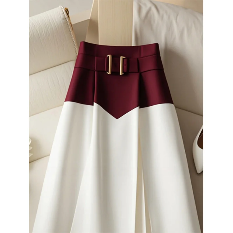 

Women's Casual Red White Patchwork Skirt Y2k Elegant Chic Streetwear A-Line Long Skirt Harajuku Korean Vintage High Waist Skirt